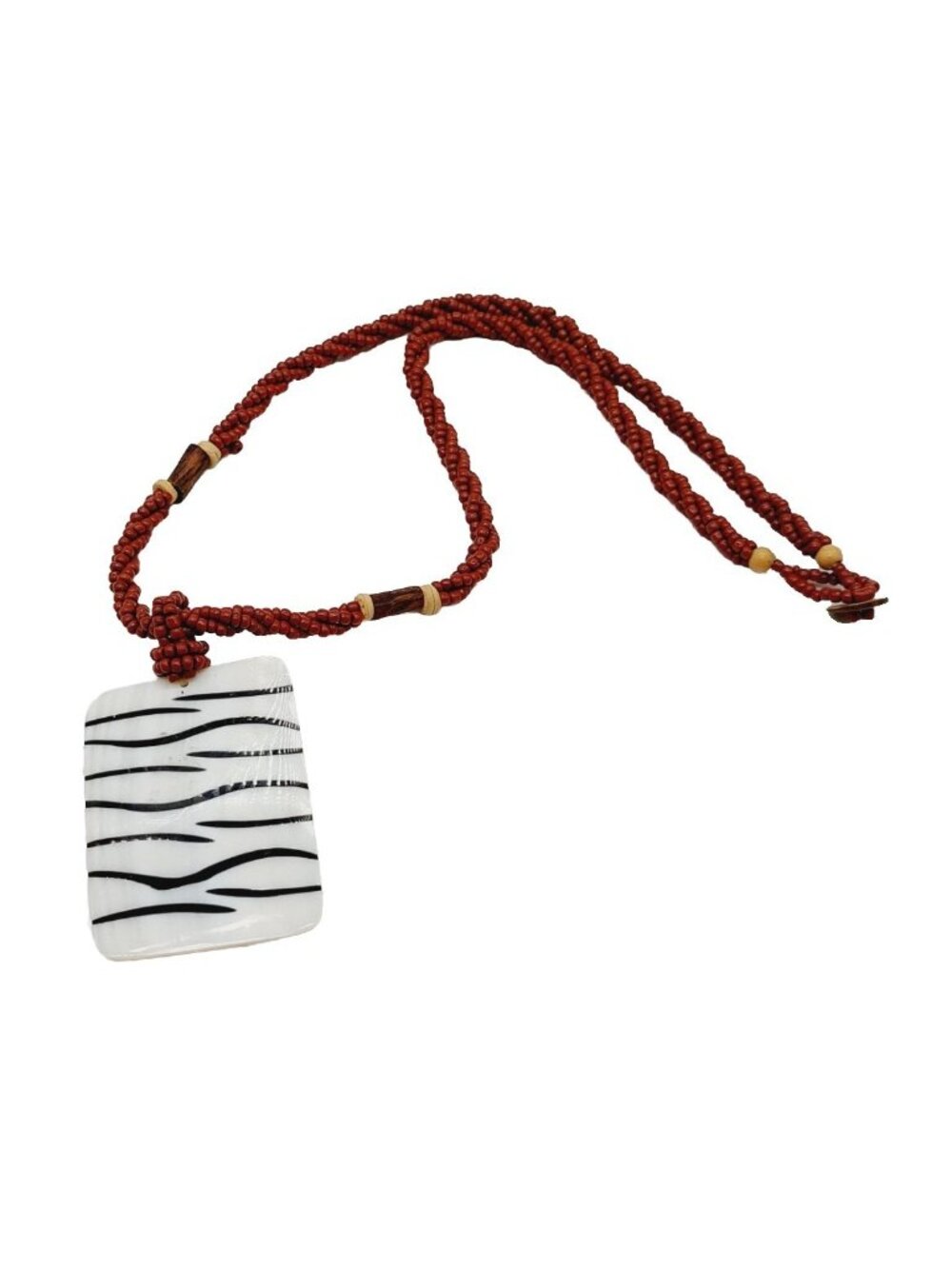 Brown Seed Bead Necklace Choker Zebra Glass Pendant Wood Accents Button Closure